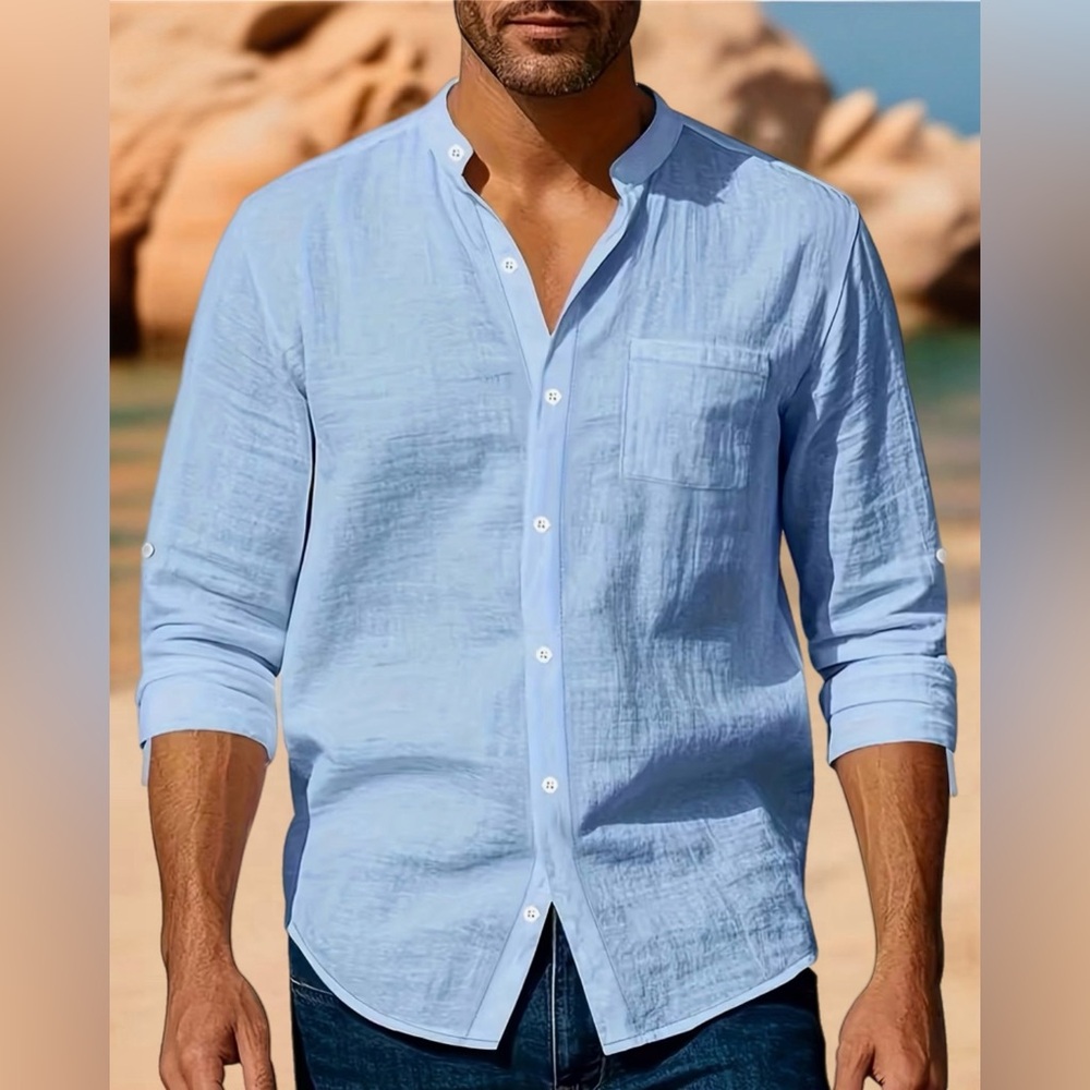 New Blue Casual Button Down Linen Shirt